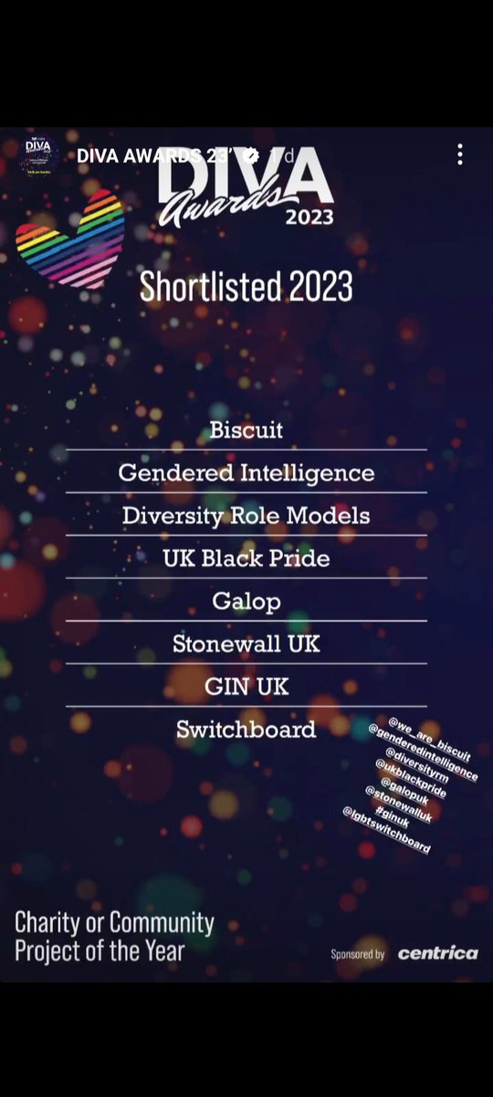We are looking forward to the DIVA Awards 2023 on Friday 28th April.

We are proud and delighted to have been shortlisted with an amazing and inspirational group of organisations this year 💙❤️💜
@DIVAmagazine 
#DIVAawards 
@joshi_london 
@totallyoutnow 
@sotto_voce_2020