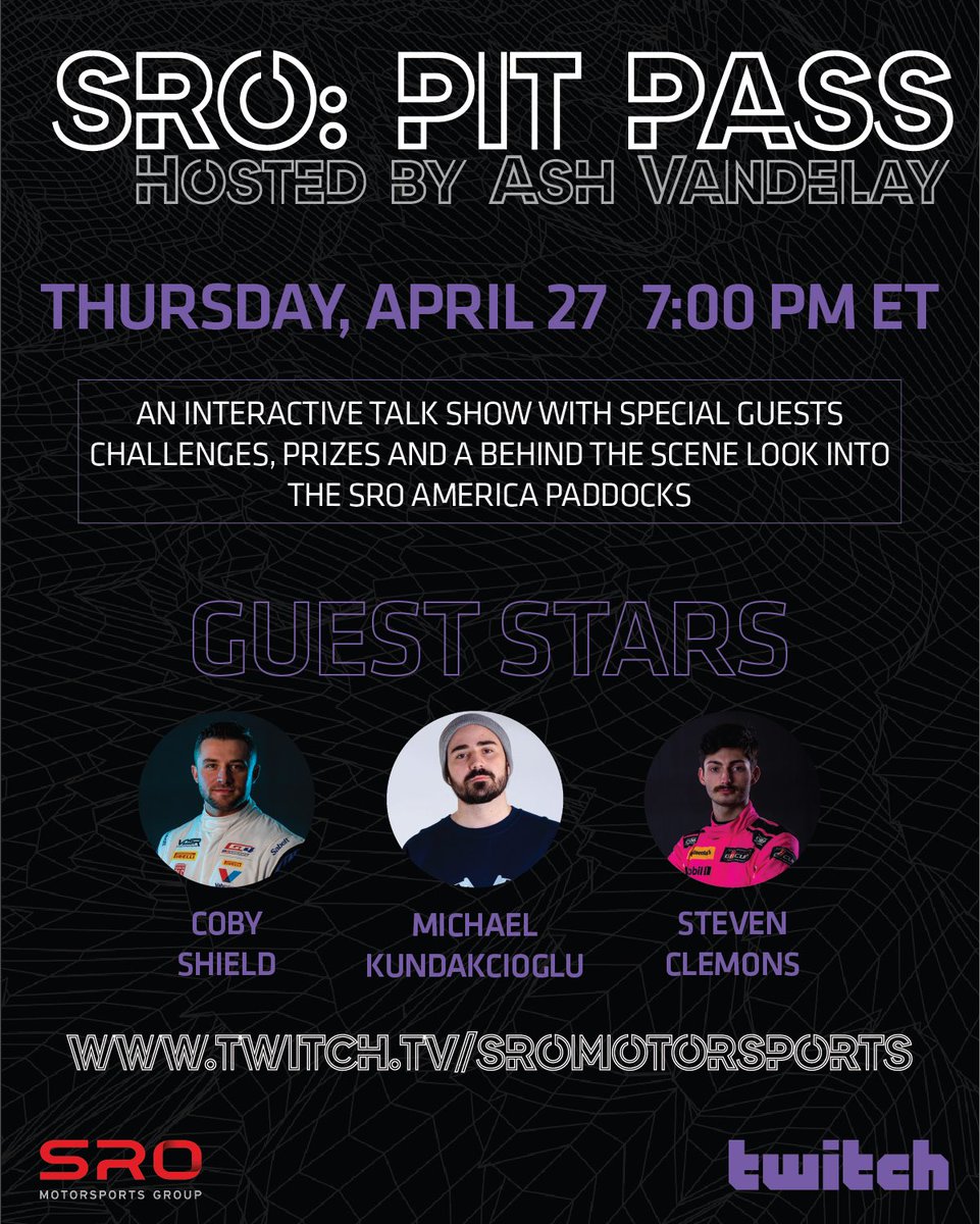 Time for another episode of #SROPITPASS - and this time we’re live from @nolamotorsports!

Tune in at 7:00pm ET to get in the know before our event weekend kicks-off 🐊🎷

🟣Twitch.tv/sromotorsports

#FanatecGT #GTWorldChAm #GTNOLA