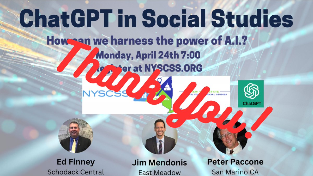 Thank you for all thoses that attended our webinar about AI in Social Studies. We are currently planning additional sessions about resources, assessments and activities. @jim_mendonis