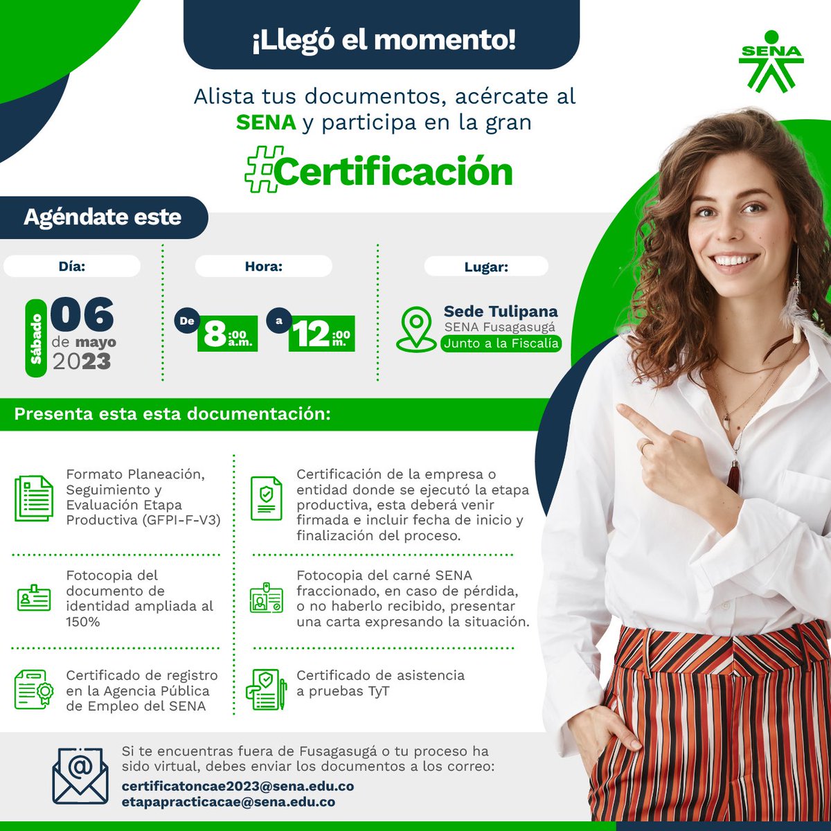 SENACmarca's tweet photo. 🚨🚨Atención comunidad SENA🚨🚨

Nuestro @SENAFusagasuga  🏢llevará a cabo su jornada de #Certificatón ☝🏼

🏃🏻‍♀️¡Agéndate y haz parte de ella! 🏃🏻 https://t.co/w97rAHjkwg
