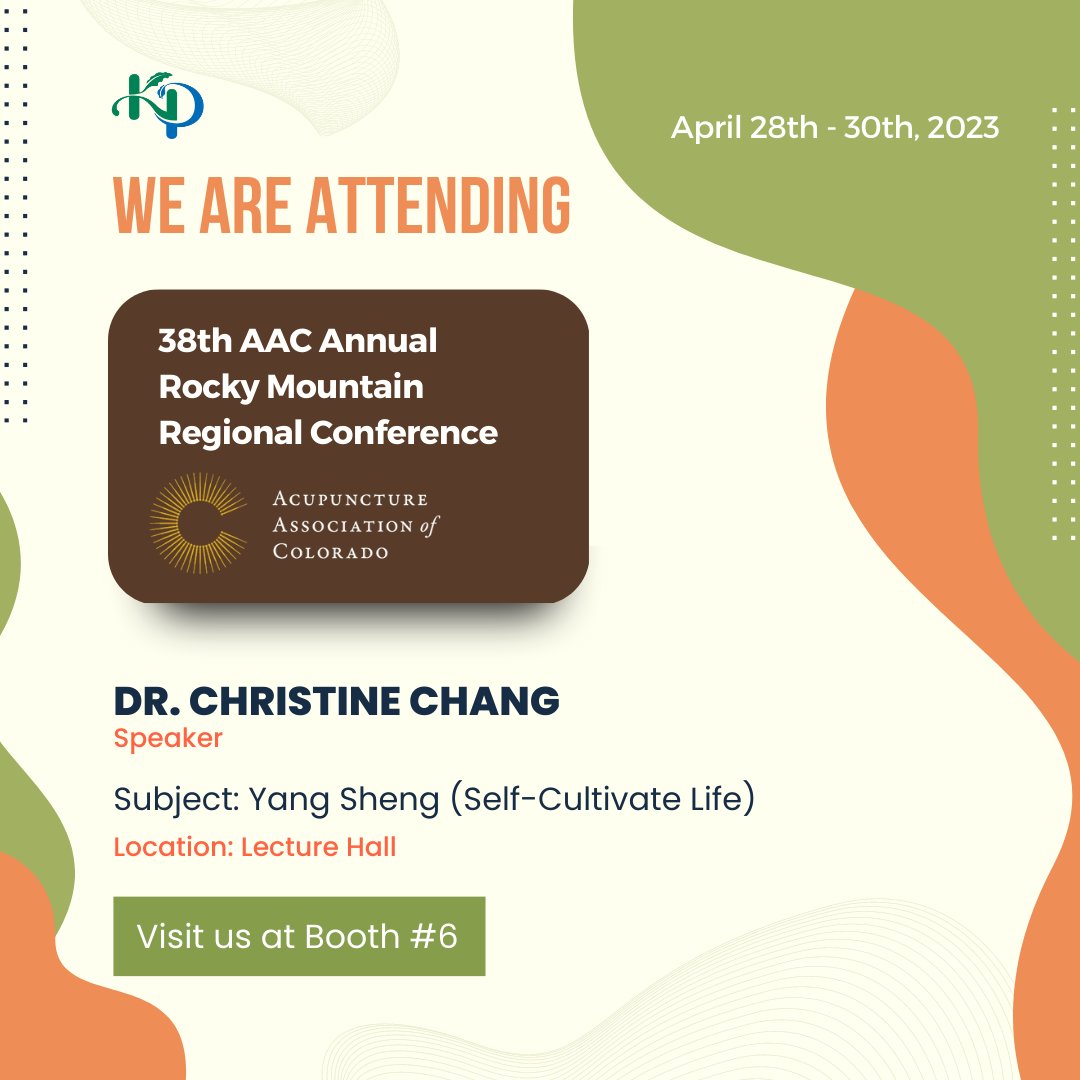 KPCHerbs's tweet photo. Visit KPC Herbs at Booth #6 from April 28th - 30th at the 38th AAC Annual Rocky Mountain Regional Conference in Denver, Colorado! 

KPC’s Dr. Christine Chang will also be speaking about Yang Sheng (Self-Cultivate Life) and the essentials of TCM. 💚🌿 https://t.co/BGf1ZeAeIr