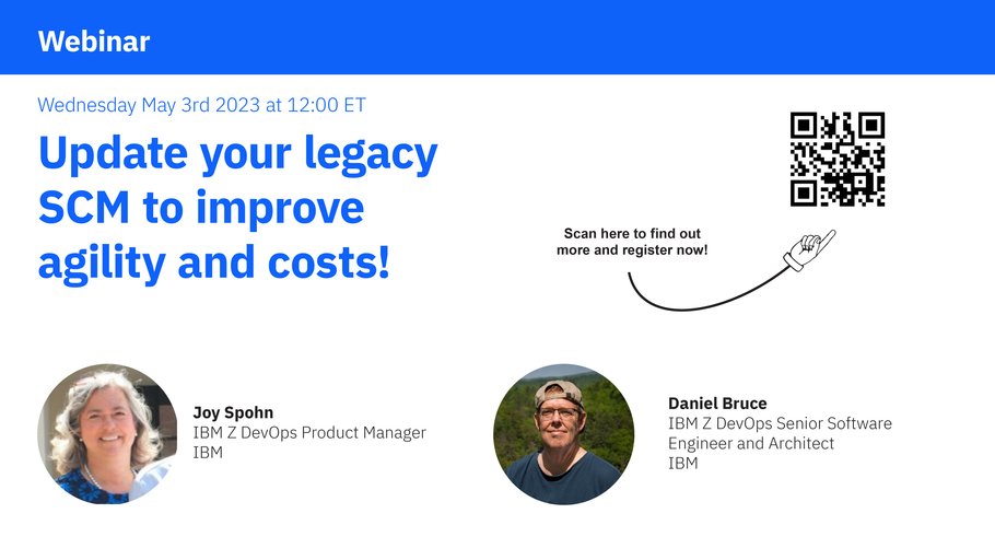JoySpohn's tweet photo. Want to know more about #IDzEE and Modern Source Code Managers?  Join Daniel and I to plan your #Mainframemodernization  #IDz  https://t.co/MhPb5bwPip https://t.co/Spv6SpsPSG