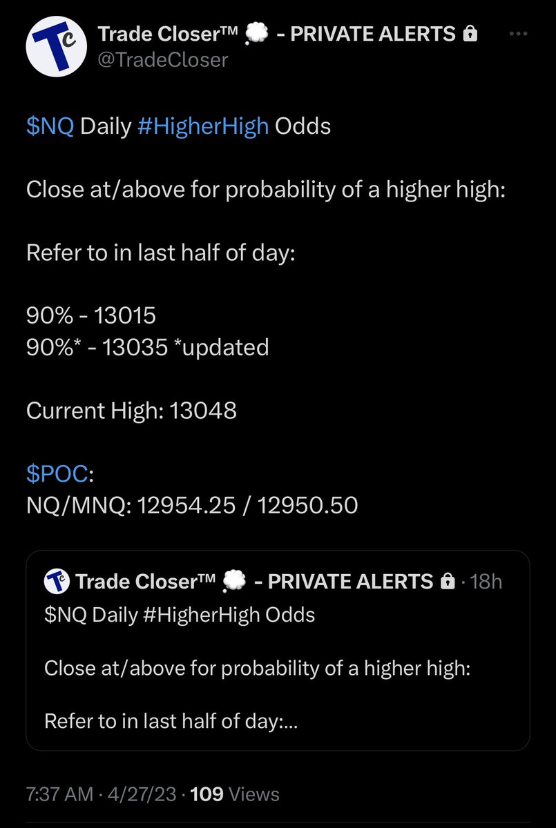 TradeCloser's tweet photo. BEST PRACTICES:
If you want to be #long, you have a better #Edge if we’re
1.) ABOVE the $POC
2.) $ES #shortedge OFF
3.) $NQ #longedge ON
Above $NQ $POC 12950.50 ☑️
Above $ES #ShortEdge 4081.75 ☑️
#LongEdge 13015 ☑️ (+190 pts)
#LongEdge 13035 ☑️
#Now $NQ 13205 (+255 pt POC) https://t.co/skWiJOHm39