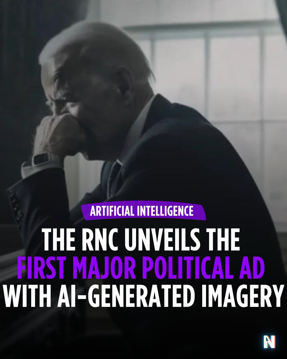 NexverseHQ's tweet photo. This is crazy 🤯⁠ ⁠The @GOP  has released its first-ever AI-generated video ad attacking President Biden as part of its "Beat Biden" campaign.⁠

This marks the first time a U.S. political committee has used AI in a political campaign.

Read more 👉️ https://t.co/KBmKDzoFEk https://t.co/aG2fulQLni