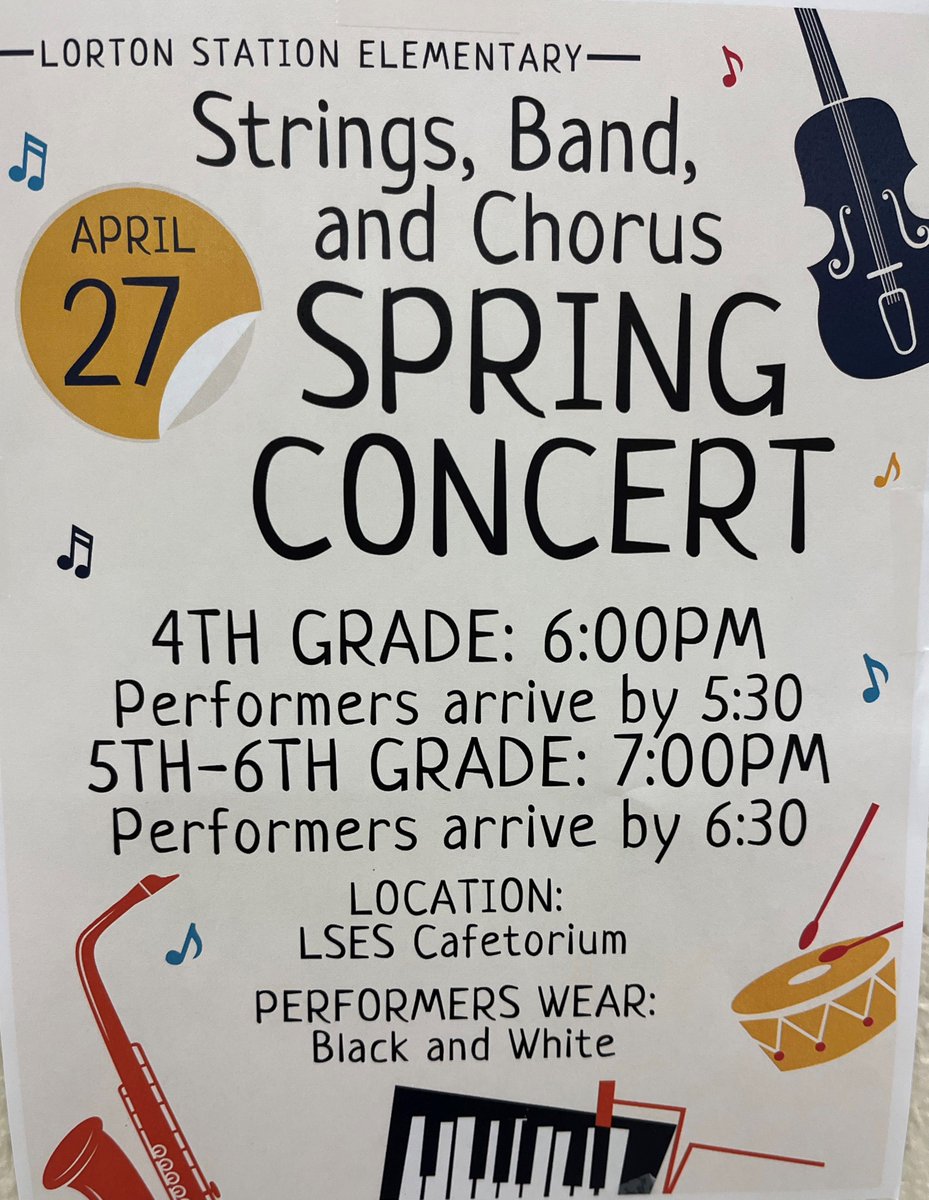 Happening TONIGHT!!! Spring Concert <a href="/LortonStationES/">Lorton Station ES</a>.  Performances begin at 6PM! <a href="/FCPSfinearts/">FCPS Fine Arts</a> <a href="/FCPSR3/">FCPS Region 3</a> <a href="/fcpsnews/">Fairfax Schools 🌟</a> <a href="/FCPS_TitleI/">FCPS Title I</a> #MeepMeep! 🎶🎵🎶🎵💚💛🎵🎶