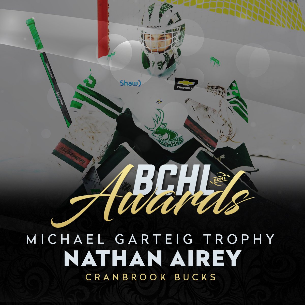 Our next award is the Michael Garteig Trophy for Top Goaltender.

This year's winner is Cranbrook Bucks netminder Nathan Airey who won 29 of his 36 starts, while posting a .925 SV%, a 2.24 GAA and two shutouts.