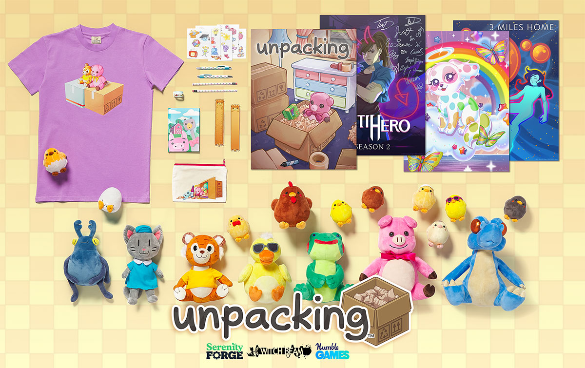 An array of Unpacking merchandise, featuring a t-shirt, stationery set, four posters, a pouch, stickers, and seventeen plushies, including the Mama Hen and chicks