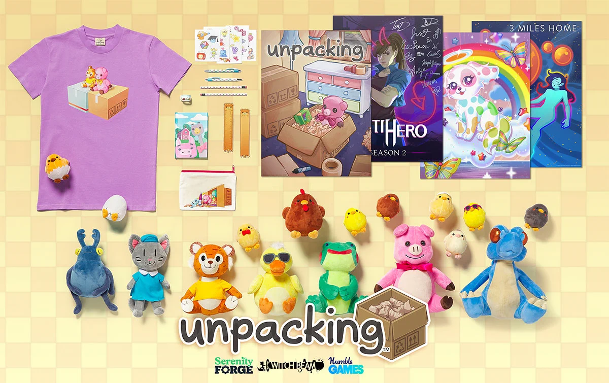 An array of Unpacking merchandise, featuring a t-shirt, stationery set, four posters, a pouch, stickers, and seventeen plushies, including the Mama Hen and chicks