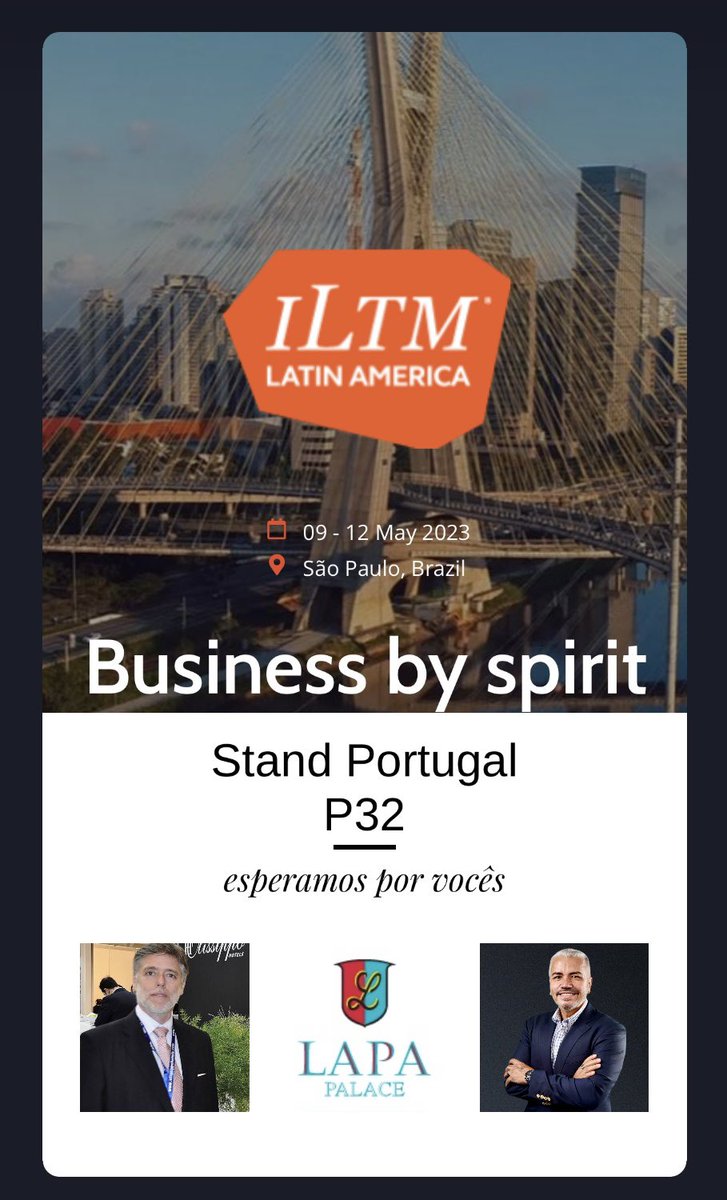 Collection Hotels & Resorts (@collectionhotel) on Twitter photo De 09 a 12 de maio 23, acontece em São Paulo ILTM - Latin America e o Lapa Palace hotel estará presente aguardando a todos os
Parceiros, amigos e clientes no stand de Portugal 🇵🇹 P32
Agenda: nuno.ferrari@olissippototels.com
carlos@collectionhotels.com.br
#lapapalace #lisboa De 09 a 12 de maio 23, acontece em São Paulo ILTM - Latin America e o Lapa Palace hotel estará presente aguardando a todos os
Parceiros, amigos e clientes no stand de Portugal 🇵🇹 P32
Agenda: nuno.ferrari@olissippototels.com
carlos@collectionhotels.com.br
#lapapalace #lisboa