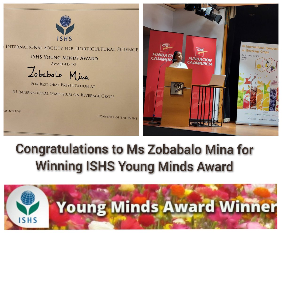 AndPostharvest's tweet photo. Congratulations to our own MSc student Ms Zobabalo Mina for winning the Young Minds Award for best oral presentation by the @ishs_hort.
Zobabalo received this award for her presentation given at the III International Symposium on Beverage Crops in Murcia, Spain, 24-27 April 2023. https://t.co/vXSreBtQ8z