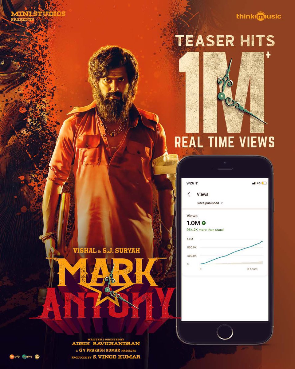 VffVishal's tweet photo. The kickass #MarkAntony teaser has hit 1 Million+ real-time views! 🔥🤙

https://t.co/JxVj431q1Y

@VishalKOfficial @iam_SJSuryah @Adhikravi @gvprakash 
@ministudiosllp @selvaraghavan @riturv @vinod_offl https://t.co/dKmGtvH0OX