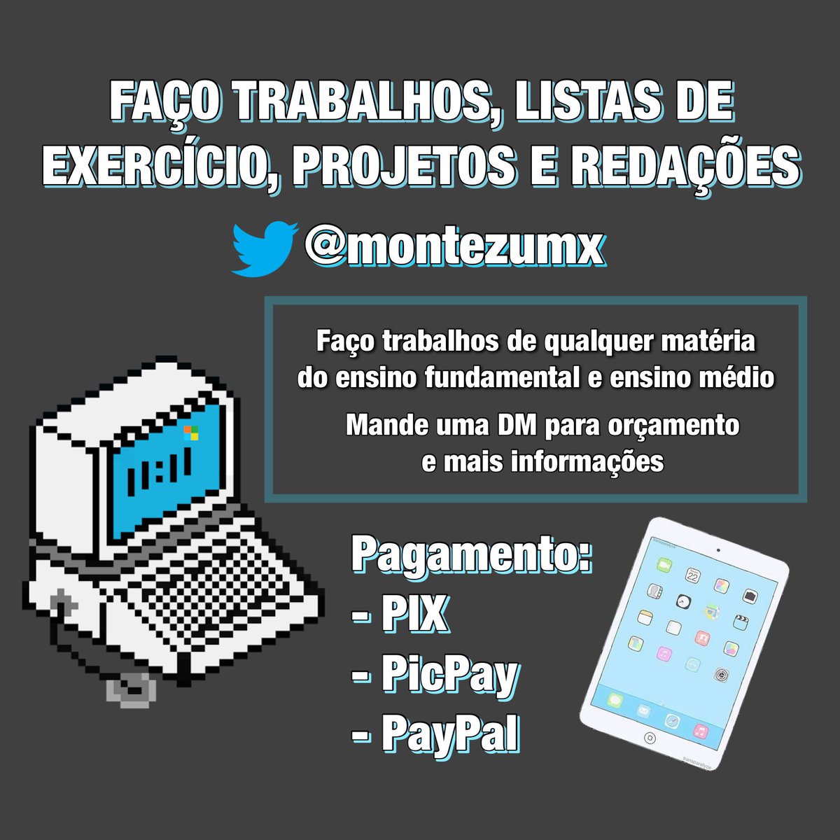 montezumx's tweet photo. Faço trabalhos escolares de qualquer matéria para ensino fundamental e ensino médio. Preço baixo e justo para estudantes! Mande uma DM para pedidos e orçamentos! 😛 https://t.co/k0kPz6VXcW