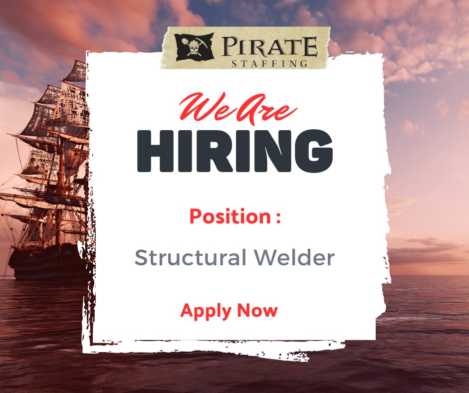 StaffingPirate's tweet image. Job of the Week!

We are hiring a full-time Structural Welder in Oxnard, CA.

💰: $17-$25/HR

If you are interested in applying for this job, fill out your application here: nsl.ink/9Afa

#NowHiring #StructuralWelder #PirateStaffing #WeldingJobs