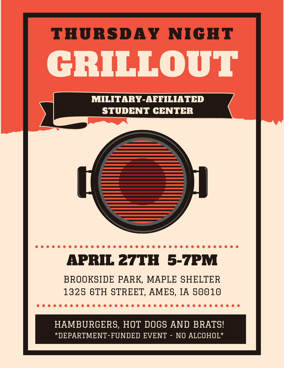 Come on out and enjoy the weather at our last Thursday Night Dinner of the semester! We will have Hamburgers, Brats and Hot Dogs at Brookside Park at 5!