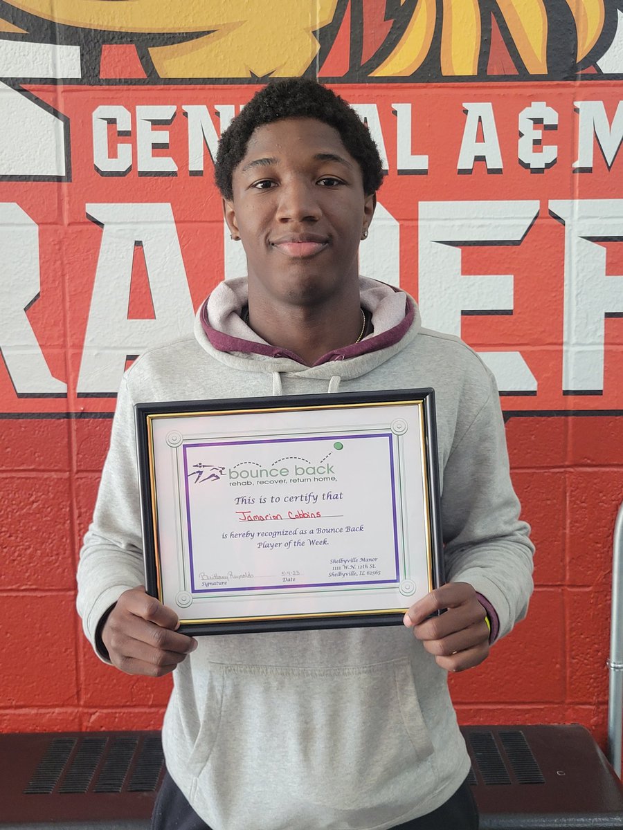 Congratulations to Junior Jamarion Cobbins.

Jamarion was named as the Shelbyville Manor Bounce Back Player of the Week.

Jamarion is running track for the Raiders this spring. He has been running the sprints (recent finish of 4th in Macon County in the 200) and as part of the