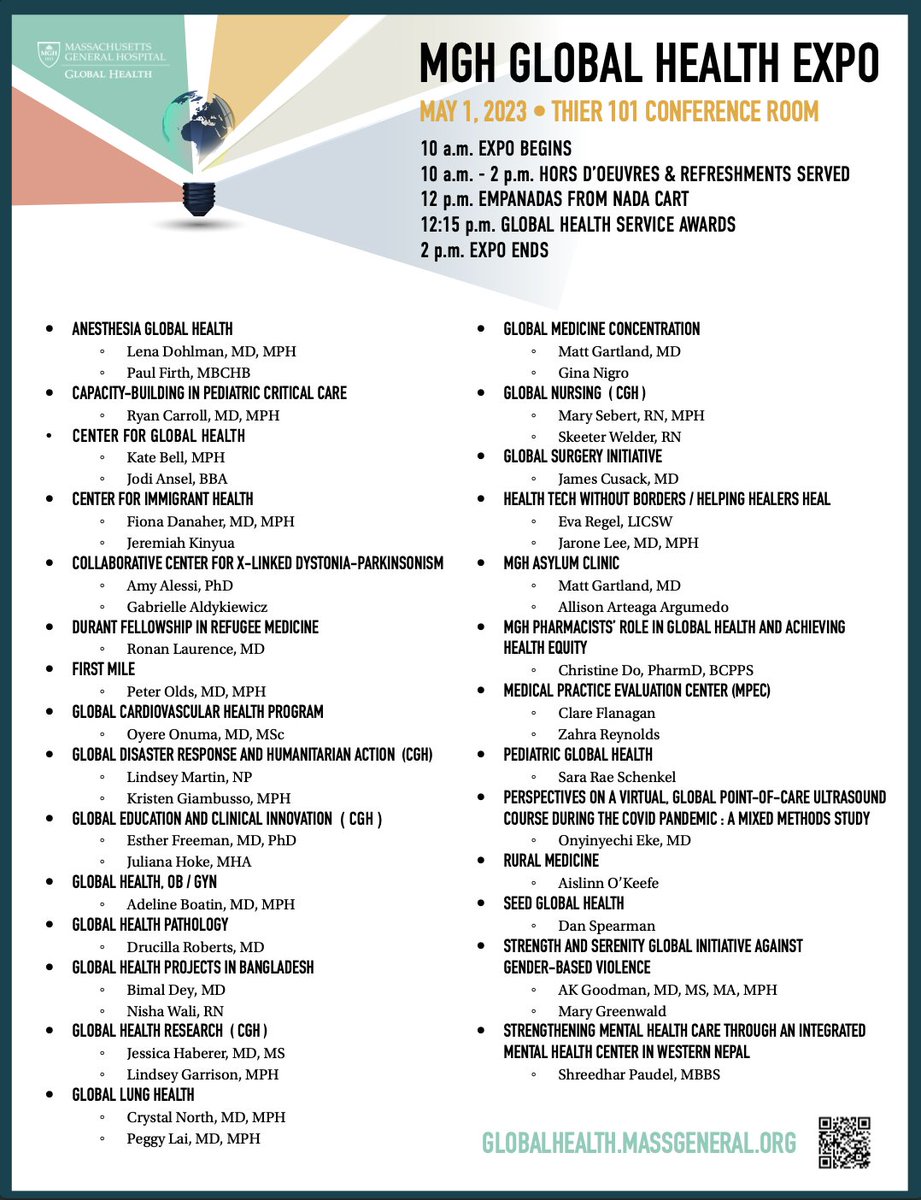 Join us this coming Monday for the MGH #GlobalHealth Expo! We'll be on the MGH campus in the Thier 101 conference room Monday, May 1st 10am to 2pm. Please see the attached program for a comprehensive list of the organizations and folks represented.