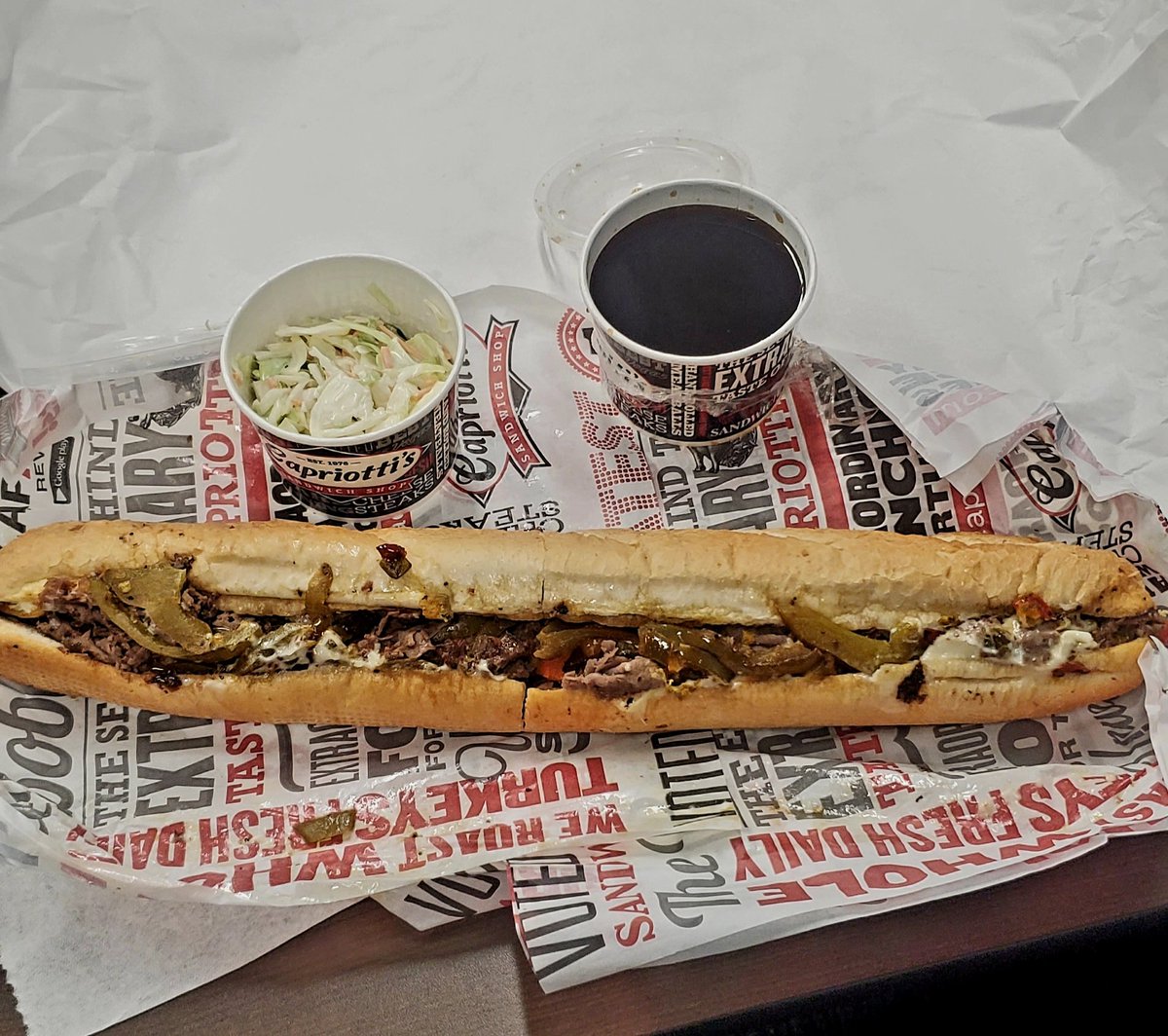 SoJoBmanUtefan's tweet photo. Absolute 🔥🔥🔥
Had this 18" A5 French dip with provolone & Sweet/Hot Italian peppers, along with a side of slaw for lunch today from #Capriottis 👏🍻🤘 https://t.co/MlAD49gIyj