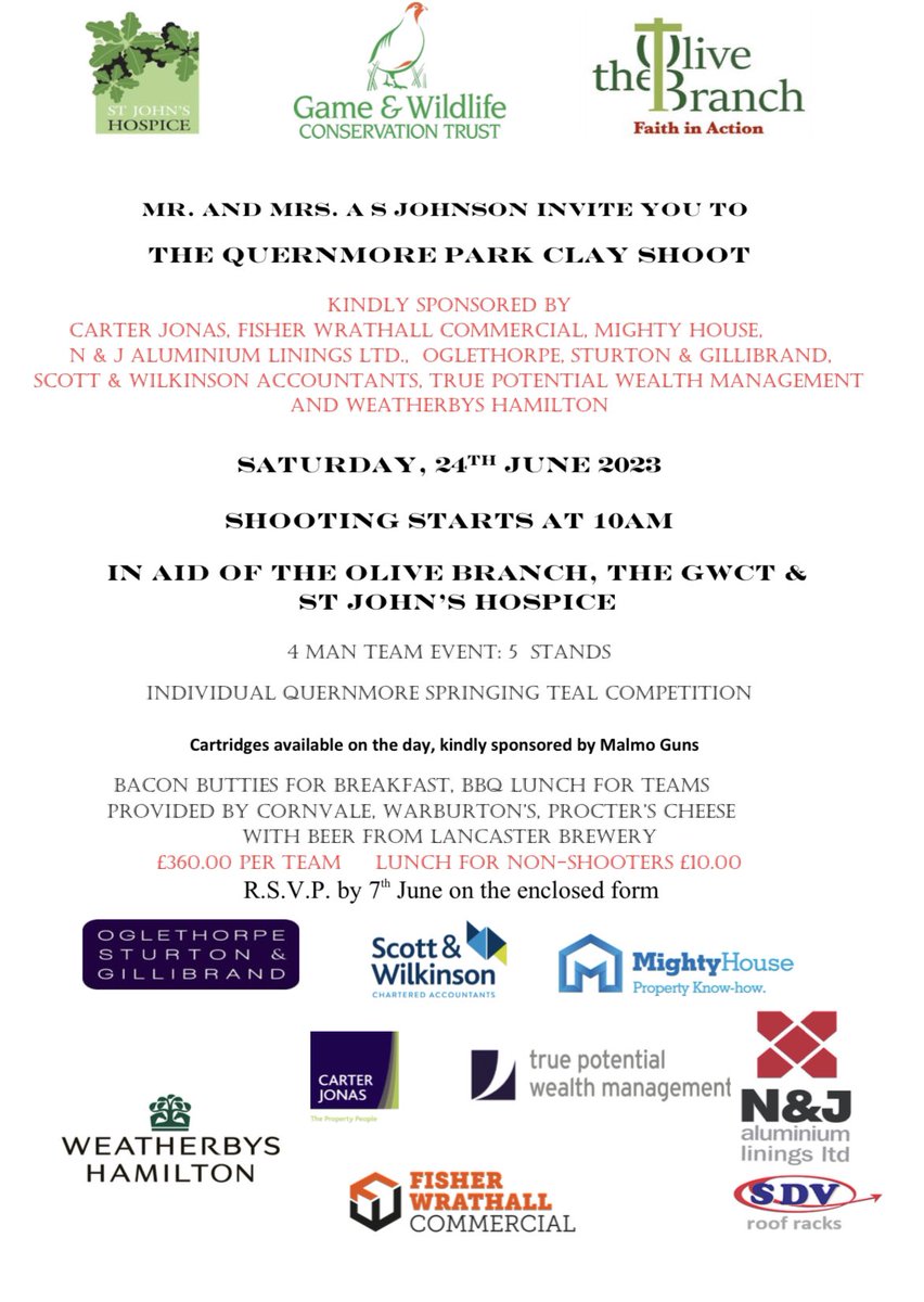 _maincourse's tweet image. If you’d like to enter a team in The QP Clay Shoot please get in touch. This year we are raising money for @SJHospice @lancfoodbank and @GWCT 
A big thank you to our sponsors @OSGLaw @mightyhouseuk @CarterJonas (Kendal) @TruePotential_ @nj4x4 @WbysHamilton