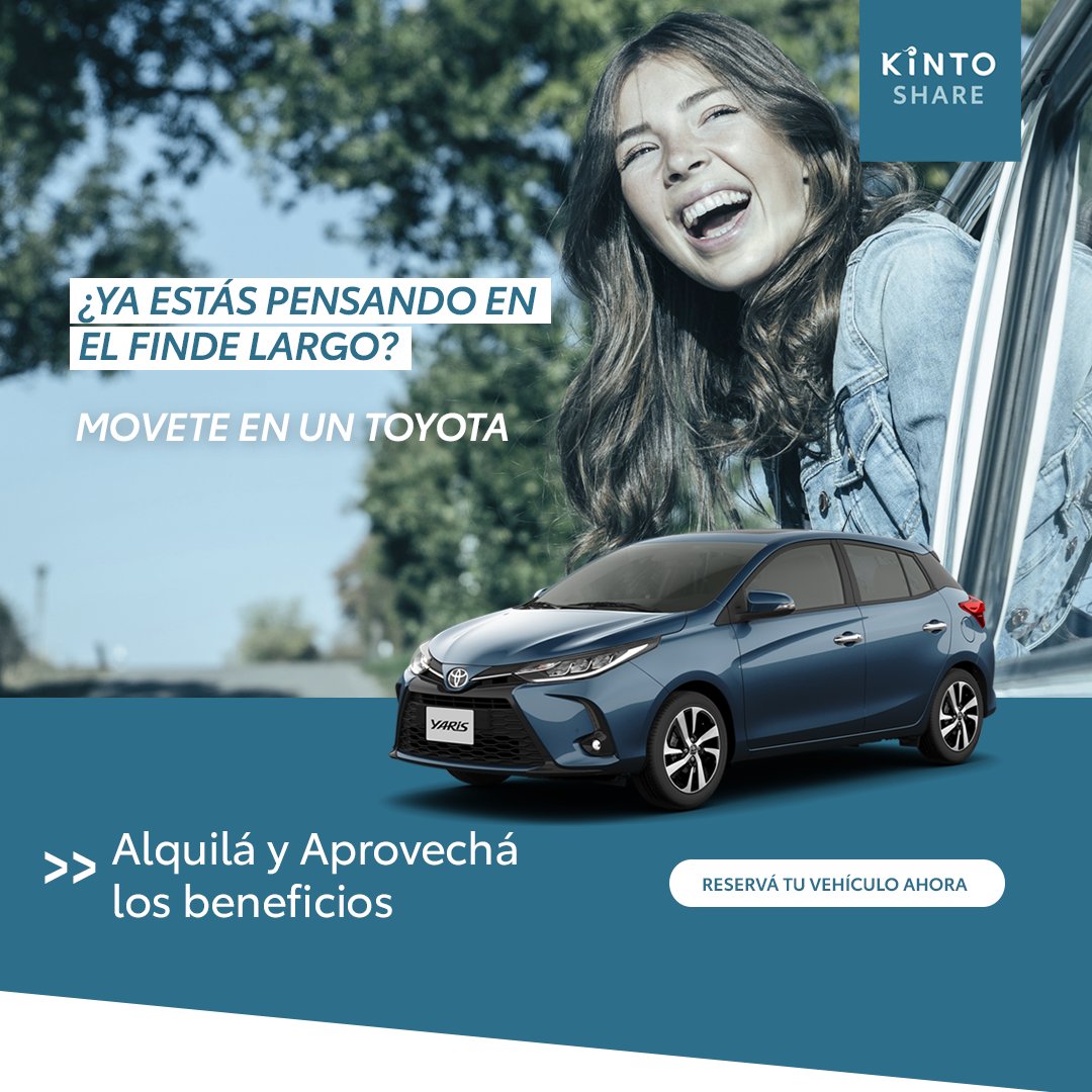 ToyotaCentro's tweet photo. Se acerca el fin de semana largo, están las ganas, está el destino y está KINTO. Un servicio de movilidad ​que está destinado a moverse con vos. ​ Descargá la app KINTO Share Latam y alquilá un Toyota estés donde estés. 😉 #Toyota #CentroMotor #KINTO #Alquiler #Viaje #FindeLargo https://t.co/lHmDVMvxGG