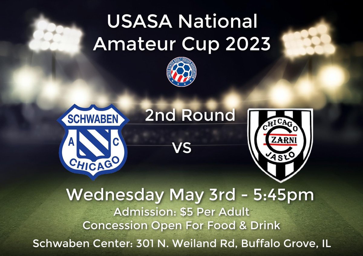 🚨 Next Wed May 3 at 5:45pm Schwaben is in the US Amateur Cup Region II 2nd Round game vs Czarni Jaslo Chicago at Schwaben. Admission $5 for adults (cash or check). Kids & Schwaben youth players are free. The concession is open for food and drink. 🌭 🍻