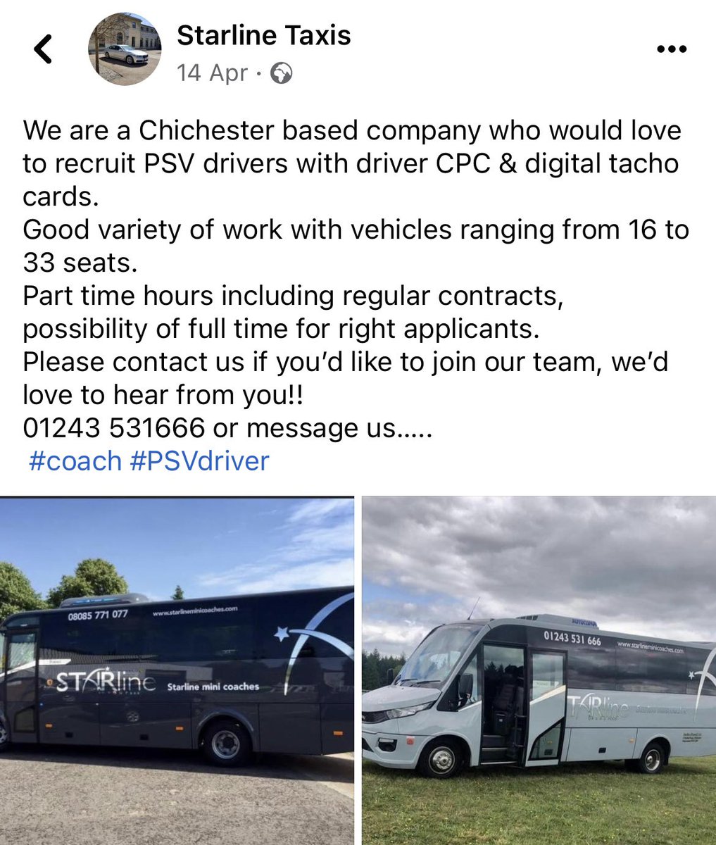 Recruiting!! 
PSV drivers for Chichester based company. Please contact us if you would like any information, we’d love to hear from you. #PSV #coachdrivers