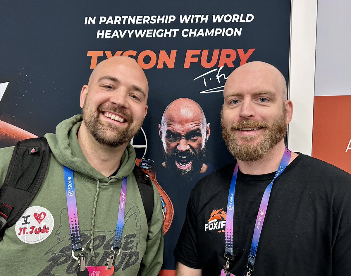 PeasantForHire's tweet photo. The @TheDogePoundNFT and @foxifytrade teams bonding at @consensus2023 over their shared style. The three amigos with @Tyson_Fury. 
#Consensus2023 #DogePound #Foxify https://t.co/o7LX87APsE
