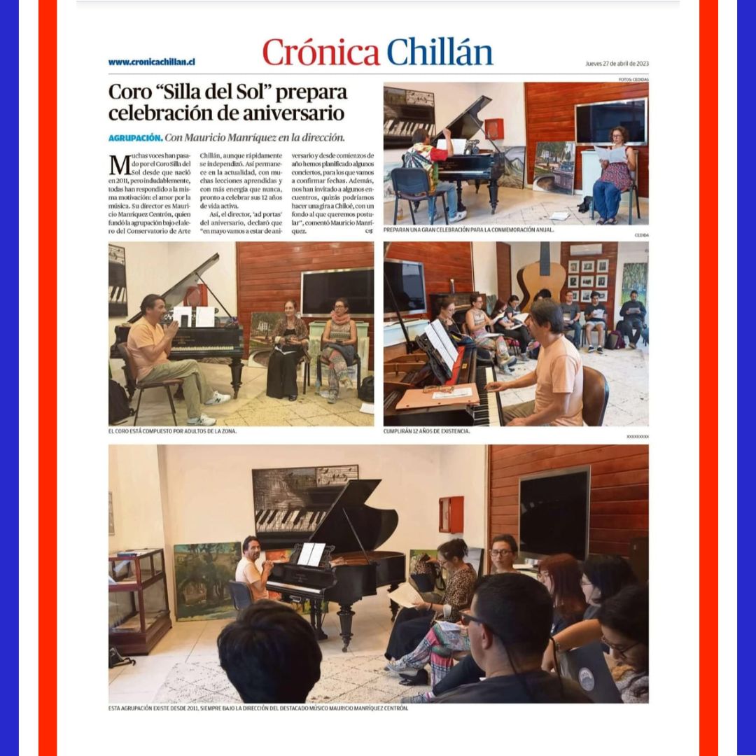 corosilladelsol's tweet photo. La #Contraportada del diario 📰 @CronicaChillan destaca hoy al @corosilladelsol y además exhibe fotografías de ensayos en @arraumuseo.

Actualmente, las voces que dirige @CentronMauricio se reúnen en la Parroquia San Pablo, hasta que @bibliochillan termine tareas de remodelación. https://t.co/Lhn89oOMTJ