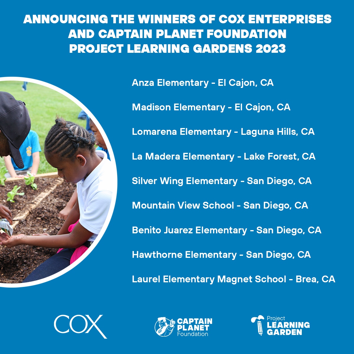 We’re thrilled to announce the recipients of 18 new Project Learning Gardens (PLG) at elementary schools in Arizona, California, and Georgia, thanks to the support of @CoxEnterprises. Thanks to Cox Enterprises for their generous support of PLG!