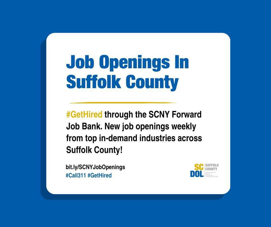 SuffolkLabor's tweet photo. Looking for a Career in Suffolk County? 🔎
Check out SCNY Forward's Job Bank for new positions uploaded weekly from top in-demand industries across Suffolk County.
Visit https://t.co/CYMfEKewBo and #GetHired today!
#SucceedInSuffolk #SCDOLLCA #SCNY #LongIslandNY #SuffolkCounty https://t.co/wpPDOF1r1P