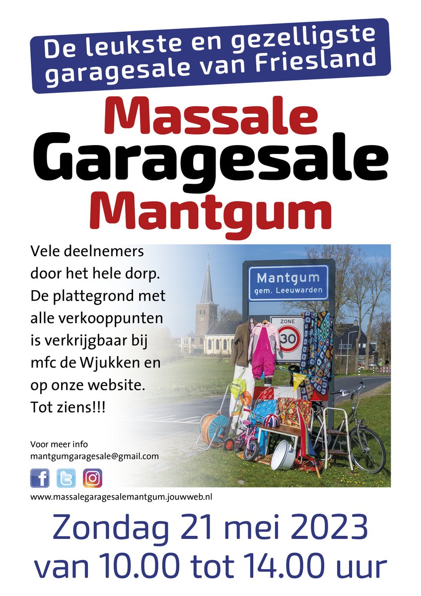 Heb je na jouw Koningsdag nog te verkopen waar over van de vrijmarkt? Doe dan mee met onze Garage Sale op zondag 21 mei 2023. Kijk voor meer informatie op massalegaragesalemantgum.jouwweb.nl of via onze facebook en instagram. #vrijmarkt #GarageSale #Mantgum #Leeuwarden