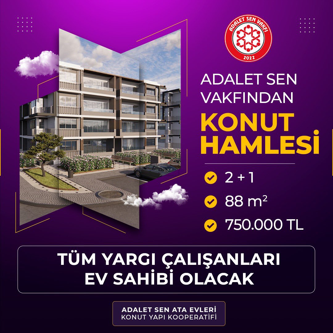 Adalet Sen Vakfı Ata Evleri Konut Yapı Kooperatifi 
Aydın ili Efeler İlçesinin şehirleşen bölgesi Ata Mahallesinde;
 Arsa hissedarı olarak kat karşılığı inşaat sözleşmesi ile; 88 m2 2+1 konut projesi.
Geri ödeme yok, aidat yok, ruhsat bedeli yok.
Sadece 750.000 TL 
Arsamız