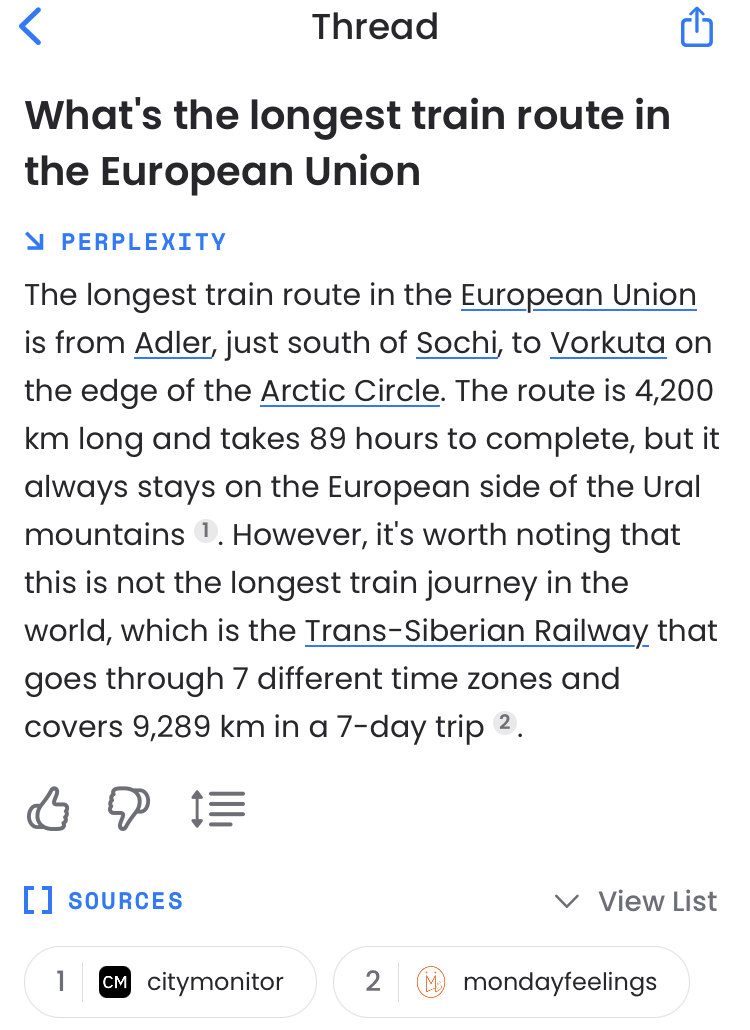RandomiOSBugs's tweet image. .@perplexity_ai - Bad response to this query: perplexity.ai/search/31d2c28…
A query about the longest train route in the European Union gives a route that begins (and ends) in Russia. This is a terrible response.
See: randomipad.blogspot.com/2023/04/perple…
Cc: .@denisyarats .@AravSrinivas