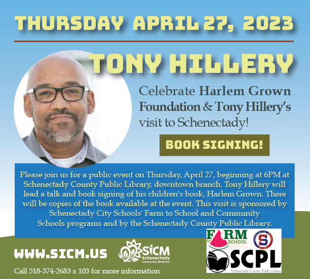 We celebrate Tony Hillery's visit to #Schenectady this evening! He founded the nonprofit organization Harlem Grown with the mission of bringing urban agriculture &amp; youth gardening programs to Harlem. Join us @ 6PM at <a href="/SCPL_NY/">Schenectady Library</a> for the #BookSigning! 
#urbanfarming #urbanfarm #SiCM