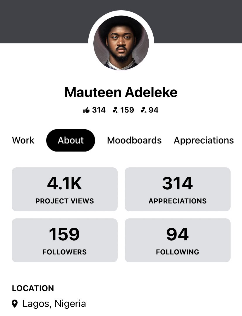 Y’all viewing and appreciating my work. God bless y’all greatly.🥺

Cheers to 4.1k project views on behance.🥂

Gentle reminder that i am opened to gigs and full time remote job🥺