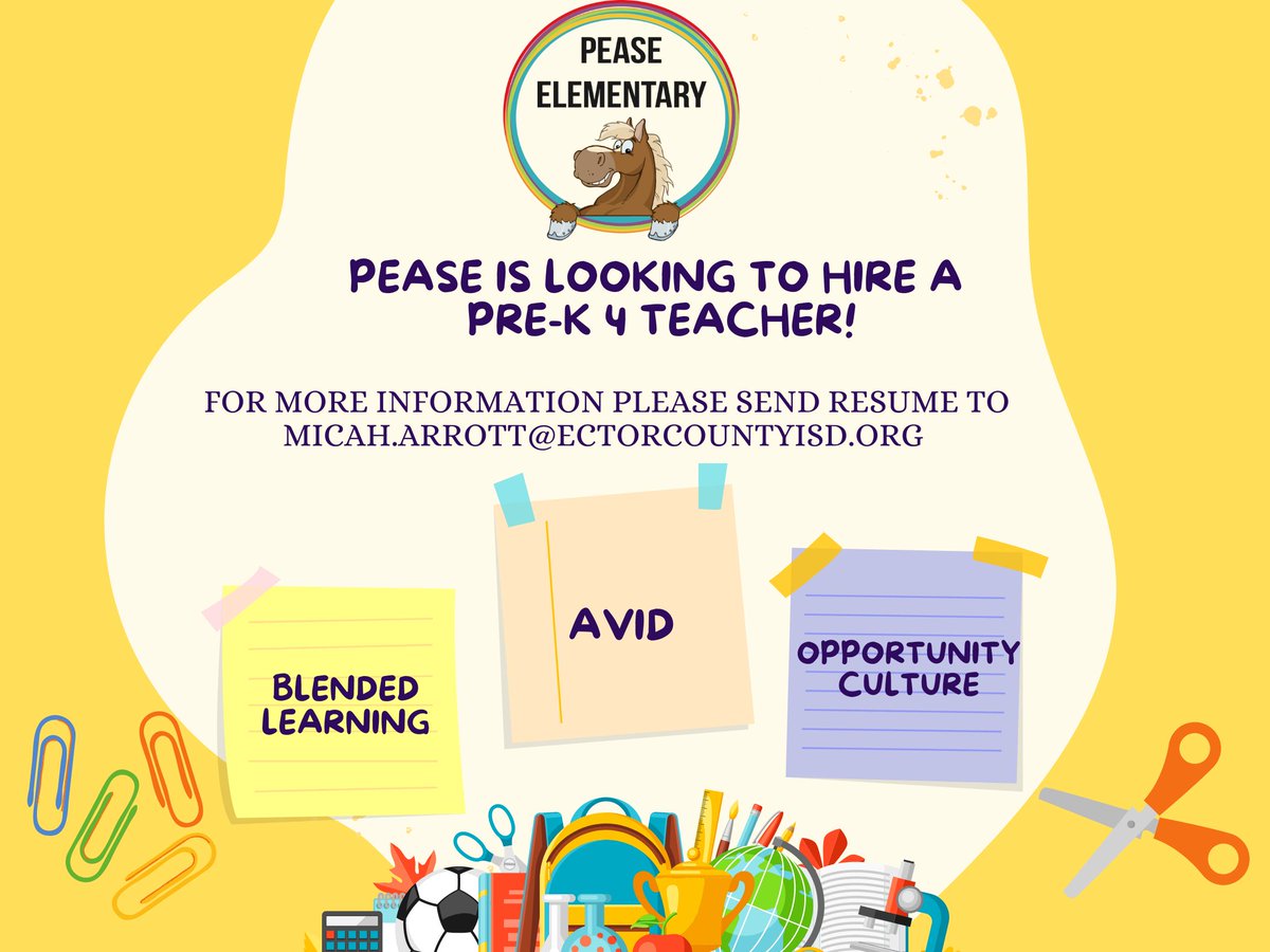Pease Elementary is looking for a PK teacher! Check out our flyer below! <a href="/ECISDblendED/">Ector County ISD Blended Learning</a> <a href="/ECISD_AVID4ALL/">𝔼ℂ𝕀𝕊𝔻_𝔸𝕍𝕀𝔻𝟜𝔸𝕃𝕃</a> <a href="/Ecisd_OC/">ECISD Opportunity Culture</a>