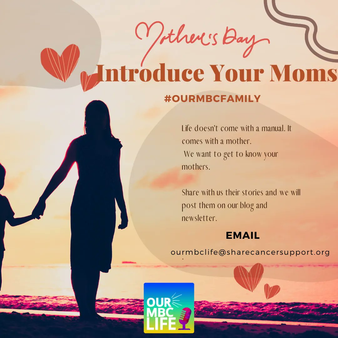 ourmbclife's tweet photo. With Motherโs Day approaching. share with us stories about your mothers. Send an email or leave a voice memo here https://t.co/IvzPXuVI0k . We want to get to know our listeners.
What will your story be? #ourmbcfamily #stories #ourmbclife #sharecancersupport #bcsm https://t.co/7ec4MwJXdM