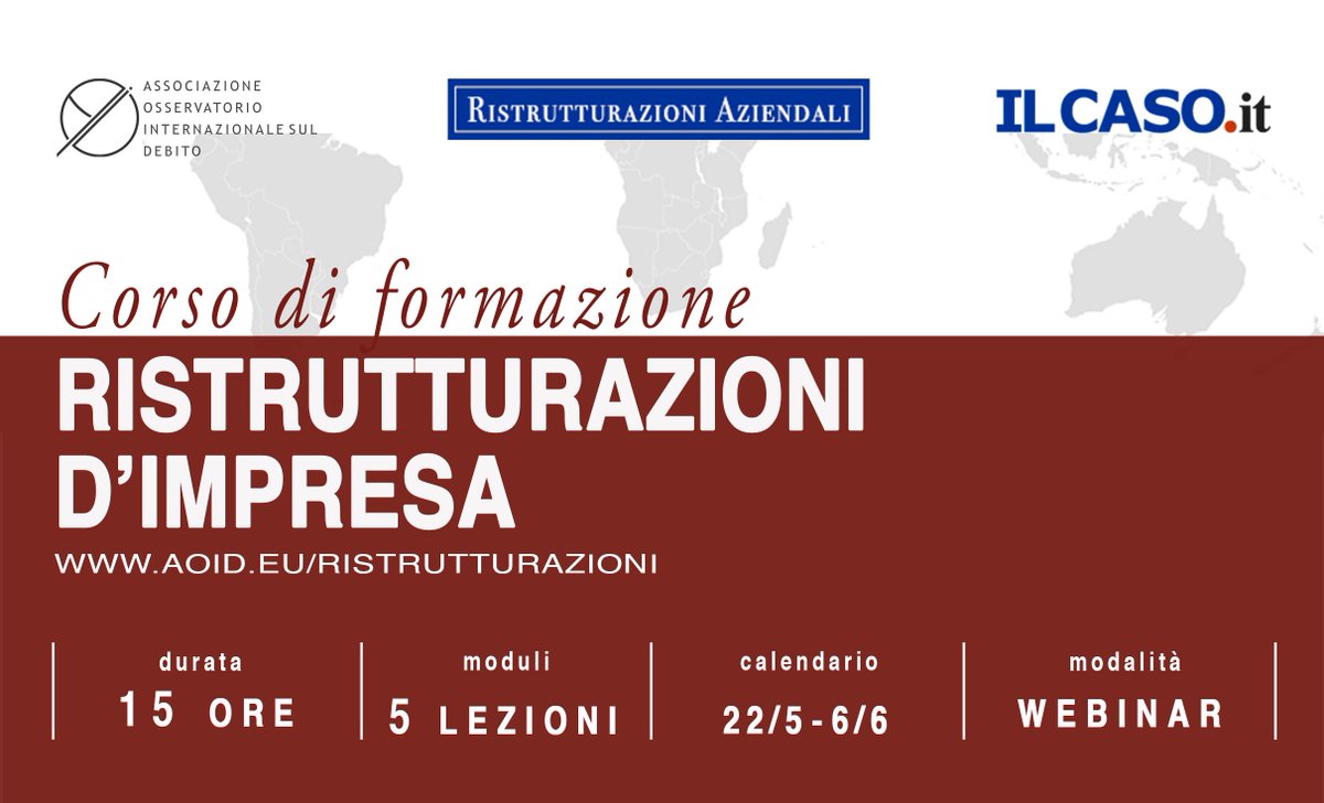 RISTRUTTURAZIONI DI IMPRESA - Corso di formazione. Webinar 5 lezioni (in regalo abb. 6 mesi a Premium IL CASO.it)

Direttori:
Prof. Avv. Stefania Pacchi
Prof. Avv. Stefano Ambrosini
Avv. Franco Benassi

shop-aoidacademy.it