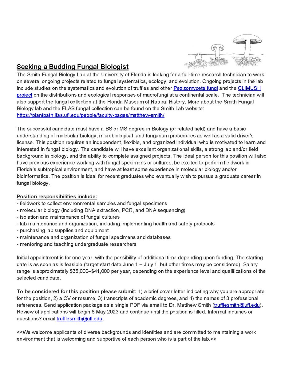 Truffle Smith Lab (@trufflesmithlab) on Twitter photo The Smith Fungal Biology Lab at the University of Florida is looking for a full-time research technician to work on several ongoing projects related to fungal systematics, ecology, and evolution. Details are below! Questions? email <trufflesmith@ufl.edu> The Smith Fungal Biology Lab at the University of Florida is looking for a full-time research technician to work on several ongoing projects related to fungal systematics, ecology, and evolution. Details are below! Questions? email <trufflesmith@ufl.edu>