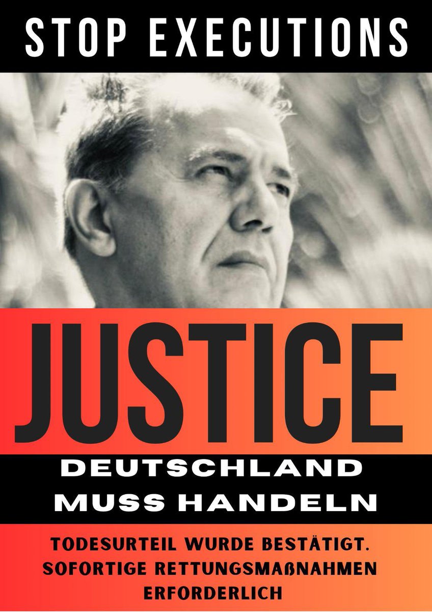 Über einem SW-Porträt von Jamshid Sharmahd:<br><br>Stop Executions<br><br>JUSTICE<br>Deutschland<br>muss handeln<br><br>Todesurteil wurde bestätigt<br>Sofortige Rettungsmaßnahmen<br>erforderlich