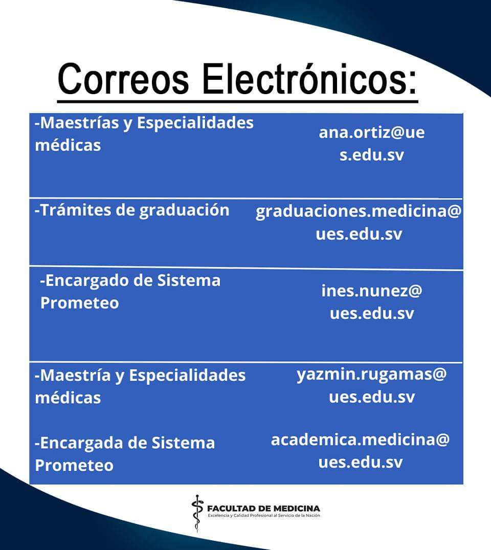 ⚠️AVISO⚠️
#AdministraciónAcadémica | La Administración Académica de la Facultad de Medicina UES pone a disposición los correos electrónicos correspondientes para los diferentes trámites académicos-administrativos .
📸📌