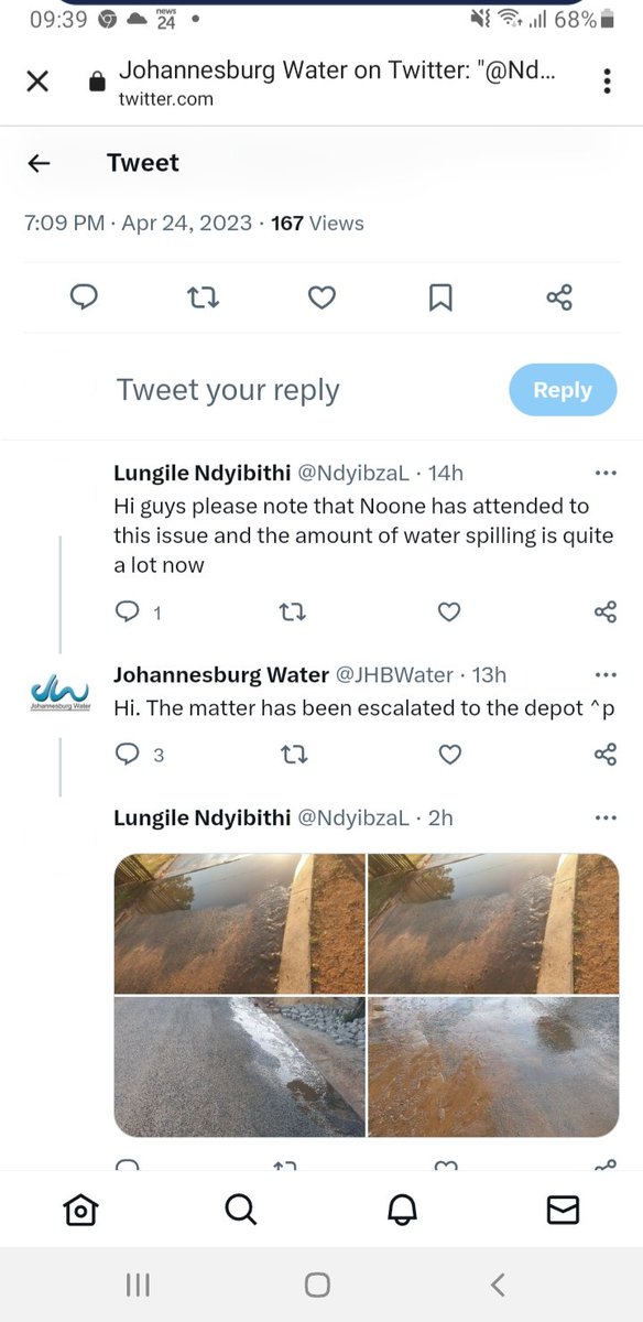 NdyibzaL's tweet photo. @JHBWater I reported a pipe burst on Monday, I received this reference number 404275397. My neighbors reported and received this Ref No. 8005958637 water is still leaking https://t.co/xOnIvAZy0Z