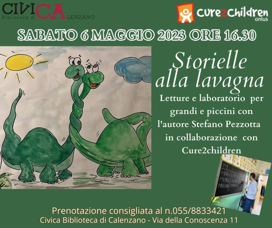 Sabato 6 maggio ore 16.30
STORIELLE ALLA LAVAGNA
Letture e laboratorio  per grandi e piccini con l'autore Stefano Pezzotta  in collaborazione  con Cure2children

Prenotazione al n. 055/8833412

#cure2children
#bibliotecacivicacalenzano
