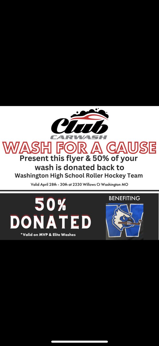 The nice weather means it’s time to get that car looking fresh! Present this flyer at the Club Car Wash in Washington, MO this weekend (April 28-30) and 50% of your MVP or Elite Wash will go towards fund raising for our program!