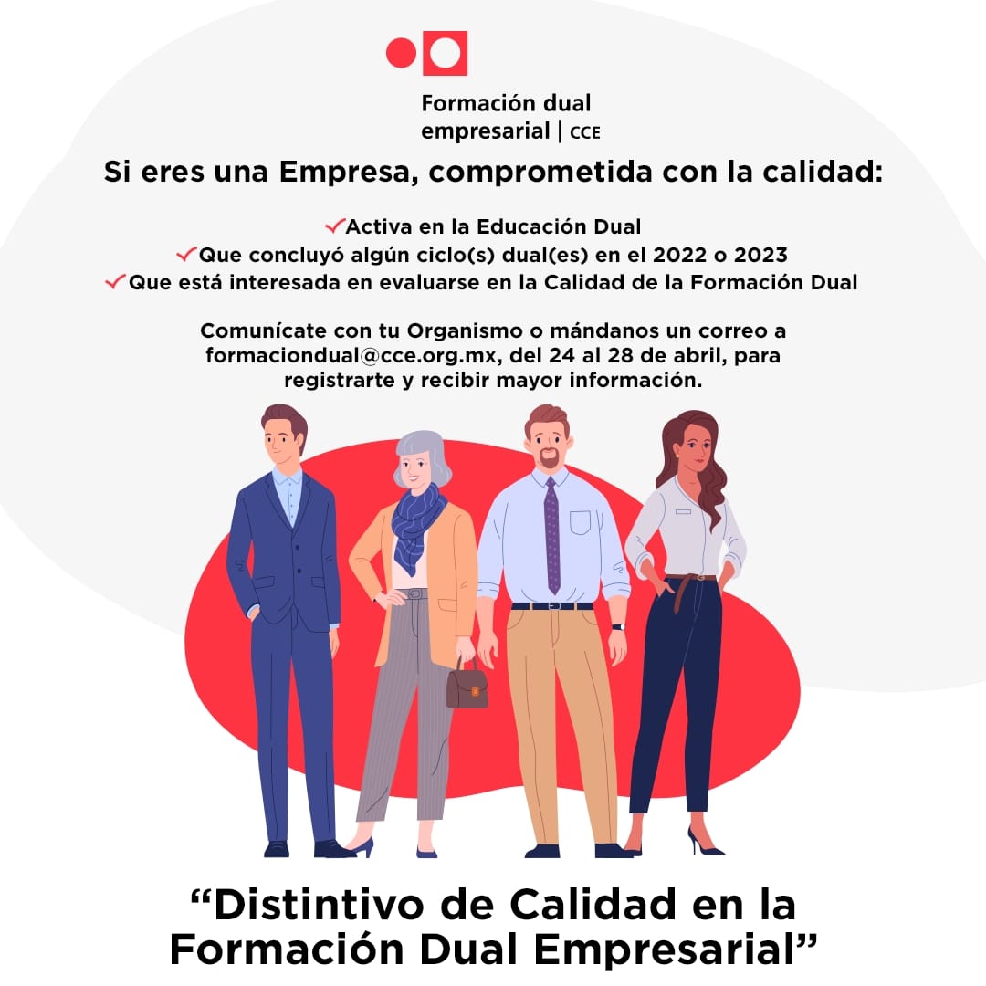¡Obtén el Distintivo de Calidad en la #FormaciónDualEmpresarial!

Si tu empresa participa o participó en la #FormaciónDual, ponte en contacto con tu Organismo o escríbenos para decirte cómo obtener este distintivo.
📧 👉 formacióndual@cce.org.mx