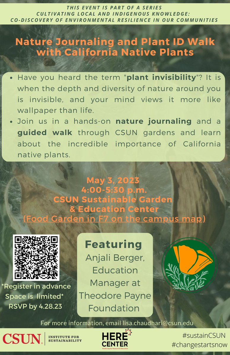 CSUN_HERE's tweet photo. Hello! You are invited to join the Nature Journaling and Plant ID Walk with California Native Plants!

Date: Wednesday, May 3, 2023 (RSVP by Friday, April 28, 2023)
Time: 4:00-5:30 p.m.
Event Location: CSUN Sustainable Garden and Education Center 

https://t.co/xMZAZEc1qg https://t.co/U0sXY94FbL