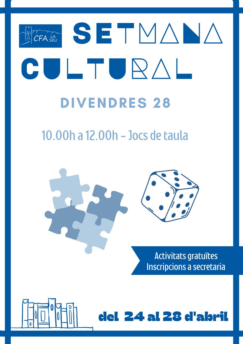 CFALaSeu's tweet photo. Demà, divendres, cloenda de la setmana cultural del Centre de Formació d'Adults de la Seu d'Urgell, amb matinal de jocs de taula i esmorzar inclòs. Us hi esperem. https://t.co/CorKEjSb8y