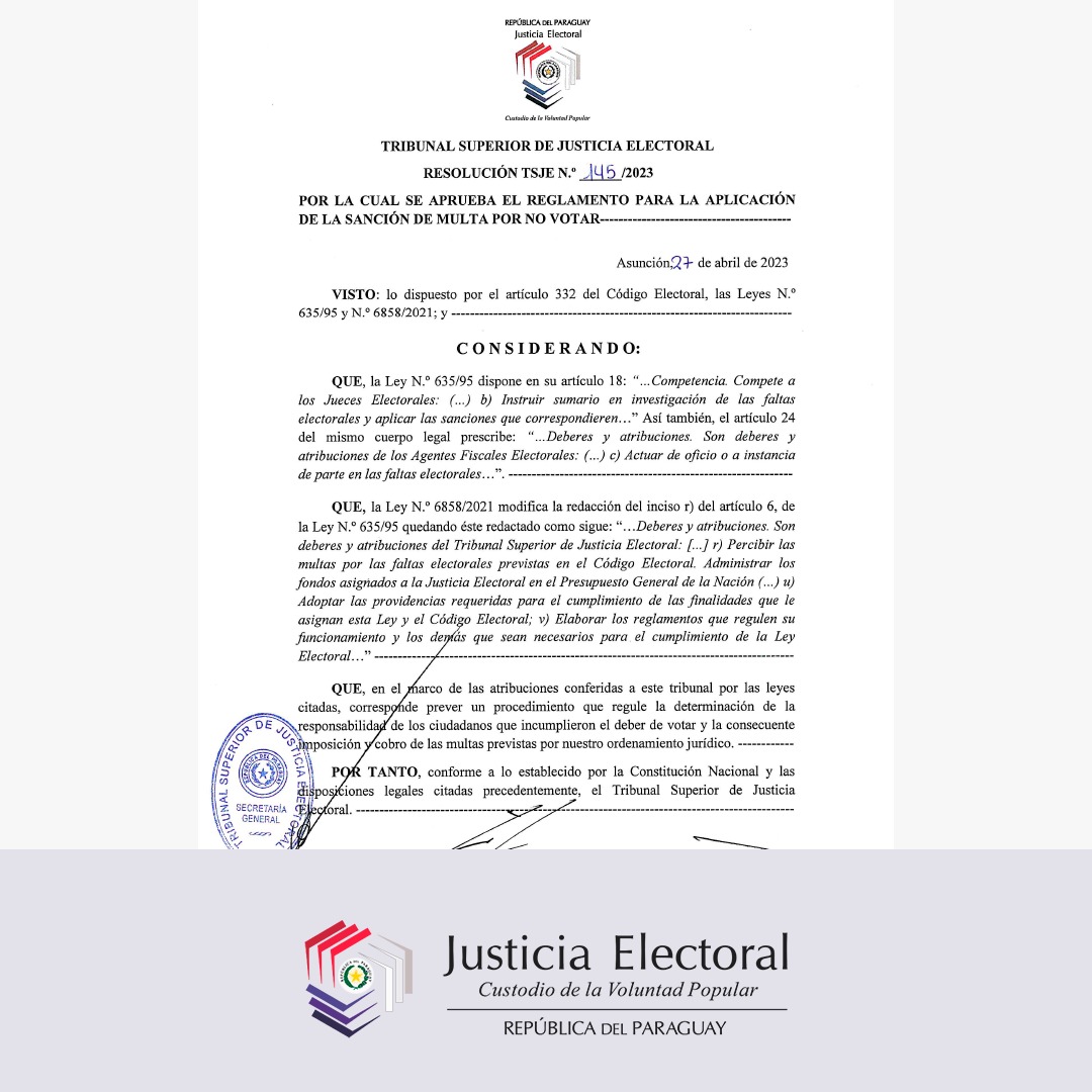 TSJE_Py's tweet photo. #JEInforma | TSJE aprueba reglamento para aplicación de multas por no votar.

📍Más detalles en: https://t.co/q8CWh8X326 https://t.co/6U3tnNN8TY