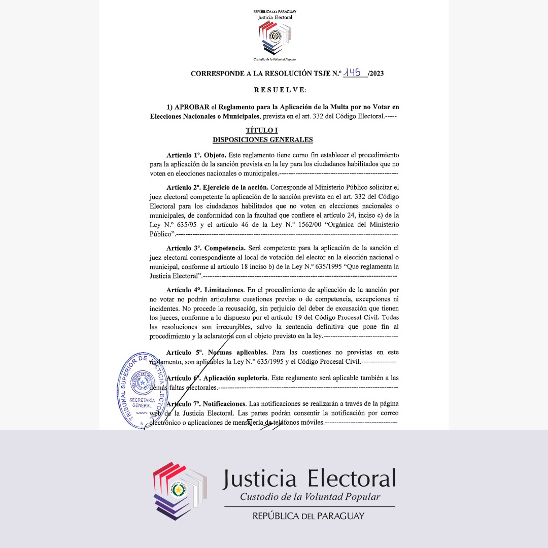 TSJE_Py's tweet photo. #JEInforma | TSJE aprueba reglamento para aplicación de multas por no votar.

📍Más detalles en: https://t.co/q8CWh8X326 https://t.co/6U3tnNN8TY