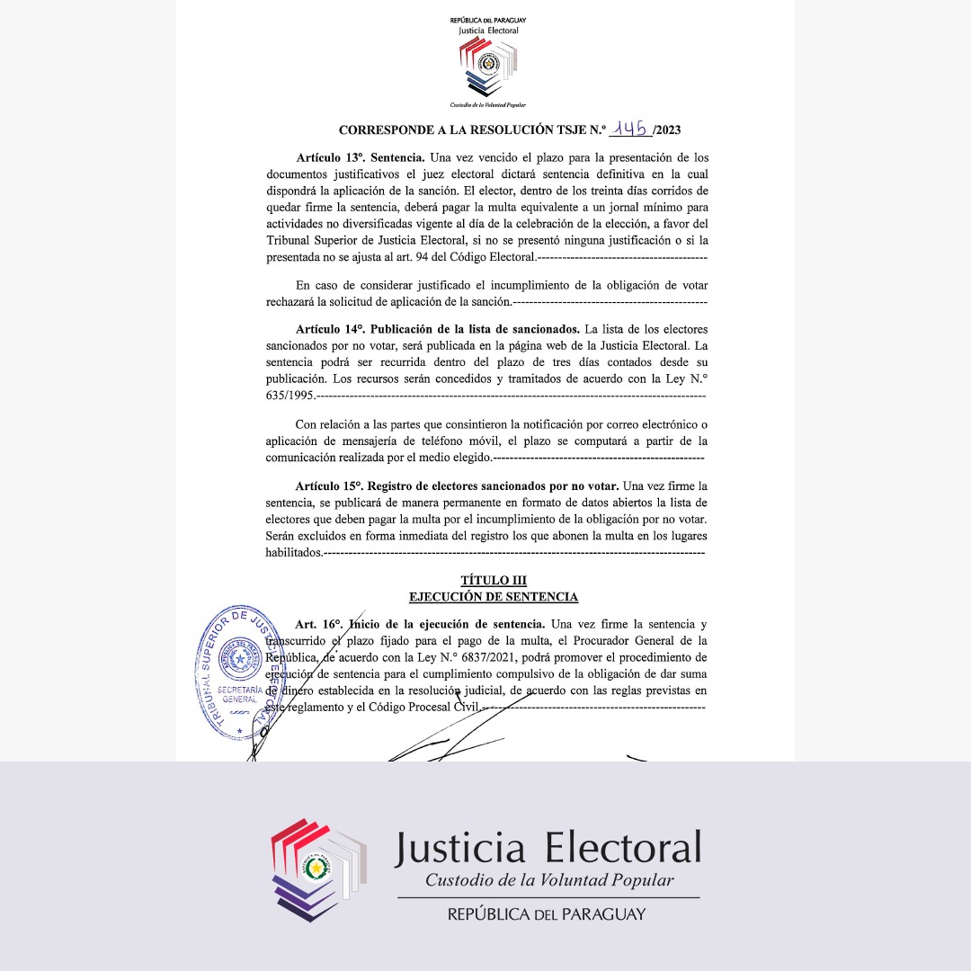 TSJE_Py's tweet photo. #JEInforma | TSJE aprueba reglamento para aplicación de multas por no votar.

📍Más detalles en: https://t.co/q8CWh8X326 https://t.co/6U3tnNN8TY