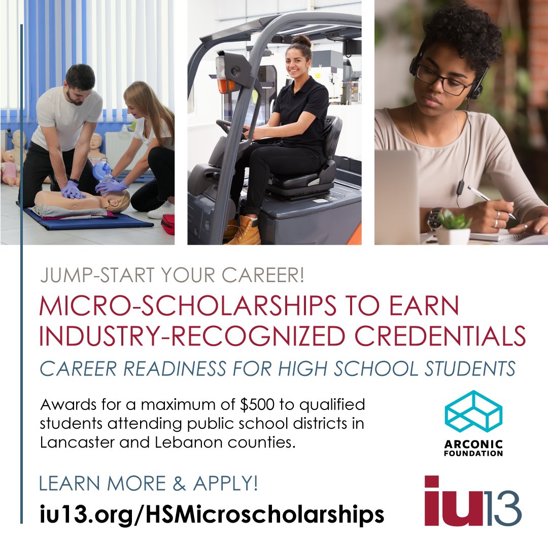 IU13's tweet photo. Parents of teens attending high schools in Lancaster &amp; Lebanon counties: your child has the opportunity to earn industry-recognized credentials to jump-start their career while in high school – and we have a scholarship that can help pay for it!
More info: https://t.co/NZCF6KoEe5 https://t.co/OxopagLMHA